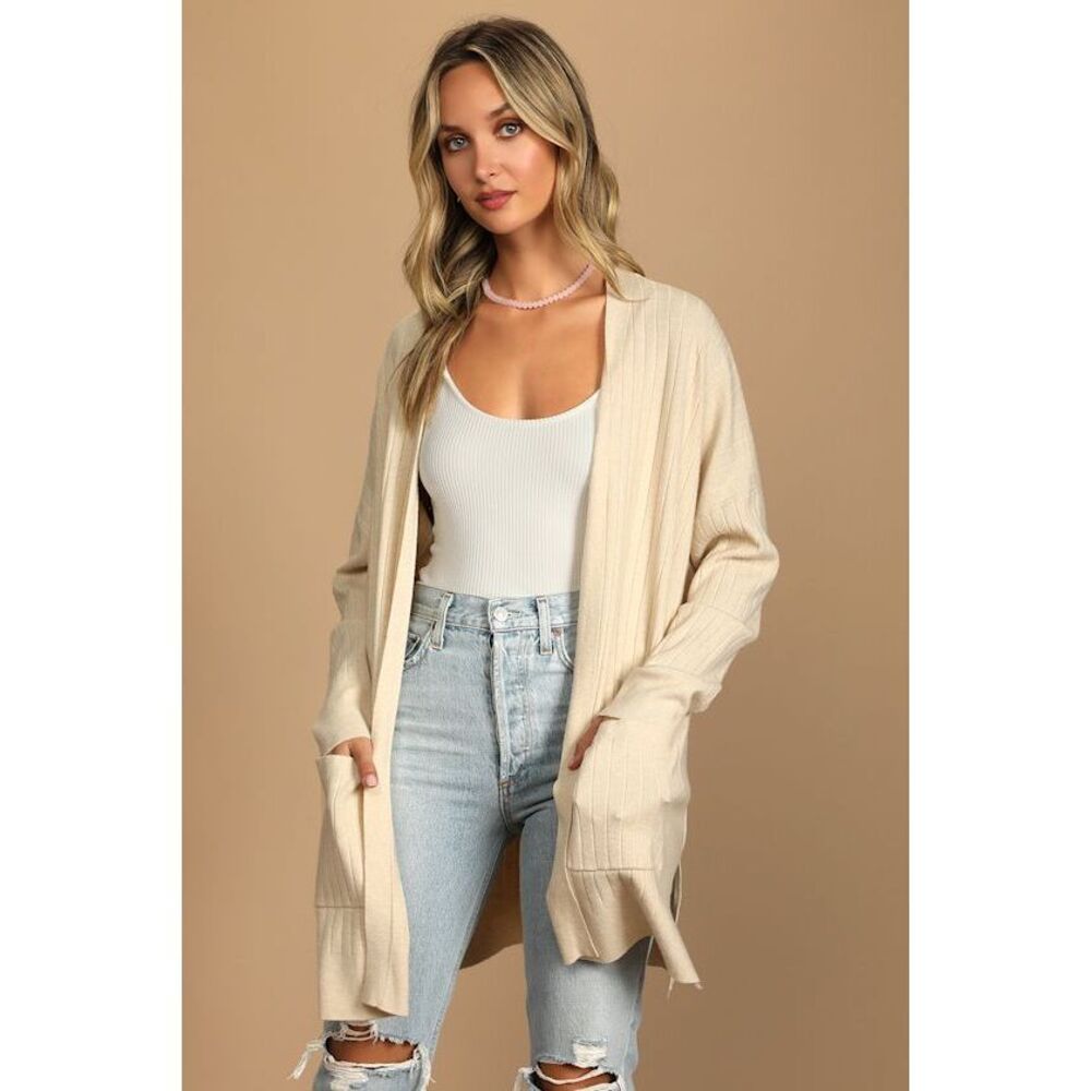 Lulus No Matter The Season Beige Ribbed Knit Cardigan Sweater - Size M